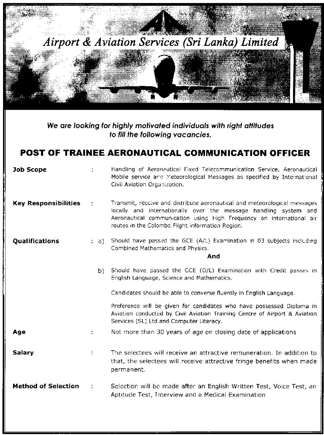 Trainee Aeronautical Communication Officer - Airport & Aviation Services (Sri Lanka) Ltd